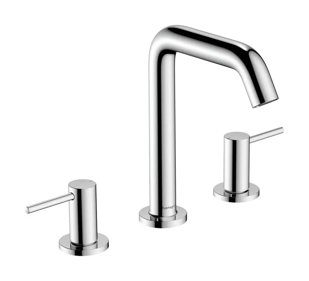 Chromene Waschtischarmatur mit drei Komponenten von Hansgrohe, bestehend aus einem hohen Wasserhahn und zwei Steuergriffen.
